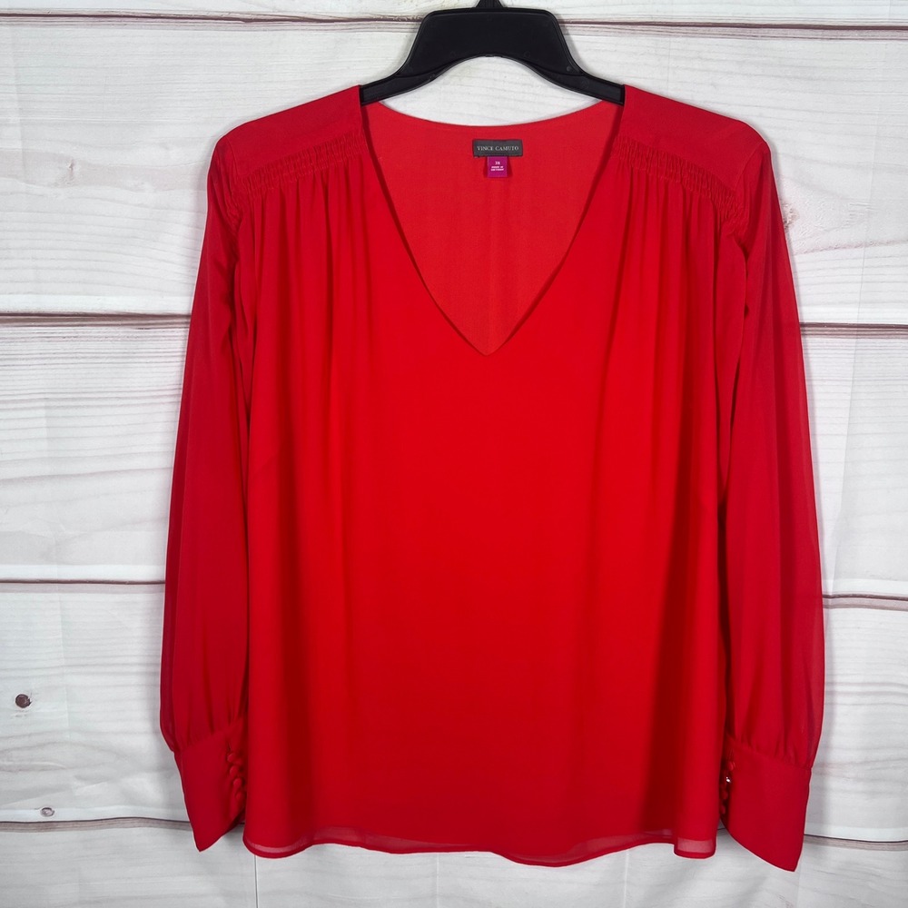 Vince Camuto Blouse Women 3X Red V-Neck Long Sleeve Pleated Shoulder Chiffon Top